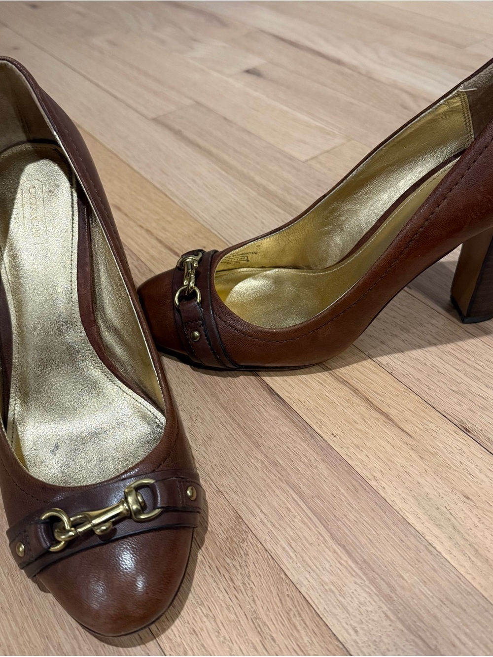 Coach Brown Leather Pump with Gold Horsebit Accent - Size 9